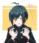 1boy ahoge bangs black_hair black_jacket blush brown_eyes claw_pose commentary_request danganronpa_(series) danganronpa_v3:_killing_harmony double-breasted gakuran goto_(sep) hair_between_eyes hands_up highres jacket long_sleeves looking_to_the_side male_focus open_mouth saihara_shuuichi school_uniform short_hair sideways_glance solo sweatdrop translation_request upper_body upper_teeth white_background yellow_background 