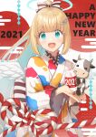  1girl 2021 :d animal aqua_eyes bangs blonde_hair blue_hair bottle chinese_zodiac commentary_request cow egasumi eyebrows_visible_through_hair feathered_wings hands_up happy_new_year high_ponytail highres holding holding_animal holding_bottle japanese_clothes kimono koto_(colorcube) long_hair long_sleeves looking_at_viewer milk_bottle mini_wings multicolored_hair nail_polish new_year obi open_mouth original ponytail red_nails sash sidelocks smile solo two-tone_hair very_long_hair white_kimono white_wings wide_sleeves wing_hair_ornament wings year_of_the_ox 