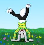  asriel_dreemurr backwards big_eyes black_bottomwear black_clothing black_pants bottomwear bovid caprine clothed clothing flower goat grass happy male mammal monster pants plant playful smile solo undertale unknown_artist video_games young 