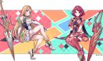  2girls blonde_hair breasts cleavage cleavage_cutout clothing_cutout highres large_breasts long_hair miniskirt multiple_girls mythra_(xenoblade) pixerite pyra_(xenoblade) red_eyes skindentation skirt sword weapon xenoblade_chronicles_(series) xenoblade_chronicles_2 