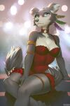  1girl arm_between_legs arm_support beastars blurry blurry_background breasts choker cleavage dress feathers furry hair_feathers juno_(beastars) miles-df parted_lips red_dress sitting solo tail wolf_girl wolf_tail 