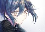  1boy bangs black_jacket black_shirt blue_hair brown_eyes close-up closed_mouth commentary_request danganronpa_(series) danganronpa_v3:_killing_harmony eyebrows_visible_through_hair face floating_hair frown goto_(sep) grey_background hair_between_eyes jacket looking_at_viewer male_focus portrait saihara_shuuichi shirt short_hair simple_background solo striped striped_jacket upper_body yellow_eyes 