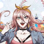  1girl :d alternate_costume antenna_hair aqua_nails bangs black_choker blonde_hair blurry blurry_background breasts choker cleavage collarbone commentary_request danganronpa_(series) danganronpa_v3:_killing_harmony earrings hair_between_eyes hairband highres index_finger_raised iruma_miu jewelry jjilag large_breasts long_hair looking_at_viewer nail_polish o-ring open_mouth orange_hairband pale_skin ring smile solo striped striped_hairband teeth upper_body upper_teeth 