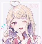  1girl ahoge akamatsu_kaede bangs blonde_hair border collared_shirt commentary_request danganronpa_(series) danganronpa_v3:_killing_harmony eyebrows_visible_through_hair face goto_(sep) grey_background grey_border hair_ornament hands_up heart heart_ahoge heart_hands long_hair long_sleeves looking_at_viewer musical_note_hair_ornament necktie open_mouth pink_eyes pink_vest shirt smile solo upper_body upper_teeth vest white_border white_shirt 