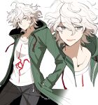  1boy bangs chain coat collarbone danganronpa_(series) danganronpa_2:_goodbye_despair eyebrows_visible_through_hair green_coat grey_eyes grey_hair hair_between_eyes hand_in_pocket hands_in_pockets highres hood hoodie hoshi-toge komaeda_nagito long_sleeves looking_at_viewer male_focus messy_hair multiple_views open_clothes open_coat open_mouth pants print_shirt shirt short_hair simple_background skull_ornament smile upper_body white_background white_hair white_shirt 