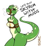  anthro argonian bdsm bethesda_softworks bodily_fluids bondage bound breasts brown_eyes english_text exposed_breasts female gag hands_behind_back horn looking_at_viewer nipples non-mammal_breasts nude rope rope_bondage rope_harness scalie side_view simple_background skyrim small_breasts solo sorc spiked_tail spikes spikes_(anatomy) standing submissive submissive_female sweat text the_elder_scrolls thick_thighs video_games white_background 