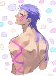 1boy back blue_hair bodypaint chick_print cu_chulainn_(fate)_(all) cu_chulainn_alter_(fate/grand_order) dark_persona expressionless facepaint fate/grand_order fate_(series) from_behind iz_izhara long_hair looking_back male_focus muscular pink_eyes shirtless solo spiked_hair type-moon 
