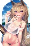  1girl :d absurdres animal_ears arknights arm_behind_back arm_up bangs beach bikini black_bikini blue_sky breasts ceobe_(arknights) cleavage cloud collarbone commentary_request cowboy_shot crop_top day eyebrows_visible_through_hair fang highres large_breasts long_hair looking_at_viewer lower_teeth mountainous_horizon navel ocean open_mouth outdoors red_eyes shirt sidelocks sky smile standing swimsuit tamano_nae thighs very_long_hair wet wet_clothes wet_shirt white_shirt 