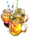  drink drinking_straw food food_focus fruit glass leaf lemon lemon_slice lens_flare mason_jar momiji_mao no_humans original simple_background sparkle still_life white_background 