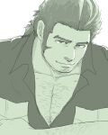  1boy arm_hair bara bare_pecs chest_hair facial_hair greyscale hairy looking_at_viewer male_focus monochrome multicolored_hair muscular muscular_male partially_unbuttoned pectorals short_hair sideburns sketch smile solo streaked_hair stubble thick_eyebrows tokyo_houkago_summoners upper_body yamasachihiko_(tokyo_houkago_summoners) yon_yon_(shikawafu) 