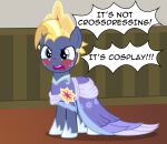  badumsquish blonde_hair blue_eyes blush clothing cosplay crown dialogue dress english_text equid equine feral freckles friendship_is_magic hair hasbro hi_res horse male mammal my_little_pony pony quadruped solo star_tracker_(mlp) text tiara 