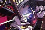  1girl black_hair blurry_foreground dual_wielding fate/grand_order fate_(series) gloves glowing glowing_weapon holding katana multicolored multicolored_eyes sword tsukumo ushiwakamaru_(avenger)_(fate) weapon white_gloves 