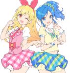  2girls :d ;d aikatsu! aikatsu!_(series) bare_legs blonde_hair blouse blue_eyes blue_hair bow cowboy_shot dress eyebrows_visible_through_hair flat_color hair_bow hair_ornament hair_scrunchie hairband highres hoshimiya_ichigo idol kiriya_aoi layered_skirt long_hair looking_at_viewer midriff_peek multicolored multicolored_eyes multiple_girls navel neckerchief one_eye_closed open_mouth orange_eyes pink_dress pink_neckwear pinmisil pointing pointing_at_self puffy_short_sleeves puffy_sleeves red_eyes red_hairband sailor_collar scrunchie short_sleeves side_ponytail simple_background skirt smile white_background wrist_cuffs yellow_blouse 