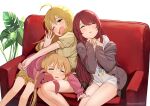  3girls absurdres ahoge bangs blonde_hair blush breast_rest breasts breasts_on_head brown_hair brown_jacket brown_shorts brown_sweater closed_eyes commentary_request couch eyebrows_visible_through_hair facing_viewer futaba_anzu green_eyes hair_between_eyes hands_up highres hood hood_down hooded_jacket hoshii_miki idolmaster idolmaster_(classic) idolmaster_cinderella_girls idolmaster_shiny_colors jacket large_breasts light_brown_hair long_hair long_sleeves multiple_girls off_shoulder on_couch one_eye_closed oosaki_tenka open_clothes open_jacket open_mouth parted_lips pink_jacket plant puffy_short_sleeves puffy_sleeves shirt short_shorts short_sleeves shorts simple_background sleeves_past_wrists smile stuffed_animal stuffed_bunny stuffed_toy suzuki_puramo sweater twitter_username very_long_hair white_background white_shirt 