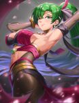 1girl absurdres arm_up armpits artist_name bangs breasts burnt_green_tea cleavage closed_mouth commentary earrings fire_emblem fire_emblem:_the_blazing_blade fire_emblem_heroes green_eyes green_hair highres jewelry lips loincloth long_hair lyn_(fire_emblem) medium_breasts one_eye_closed pelvic_curtain ponytail shiny shiny_clothes shiny_hair shiny_skin signature simple_background smile solo tiara 