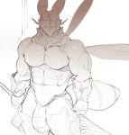  abs antennae_(anatomy) anthro armor arthropod arthropod_abdomen big_bulge big_muscles bulge clothed clothing fluffedwings gloves handwear headgear headwear helmet hi_res holding_object holding_sword holding_weapon insect insect_wings lepidopteran lionel_(fluffedwings) male melee_weapon monochrome moth muscular muscular_anthro muscular_male navel pecs simple_background skimpy solo solo_focus sword weapon white_background wings 