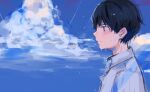  1boy absurdres black_hair blue_eyes blush closed_mouth cloud cloudy_sky dripping heremia highres light_rays male_focus original outdoors profile sketch sky solo upper_body wet 