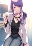  1girl black_shirt blue_pants blurry blurry_background breasts cleavage coat collarbone commentary_request denim doctor duplicate highres jeans labcoat large_breasts licking_lips long_hair looking_at_viewer mole mole_on_breast mole_on_neck original pants pochi_(pochi-goya) purple_eyes purple_hair ribbed_shirt saliva shirt sitting solo stethoscope tongue tongue_out visible_air white_coat 