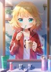  1girl :t aqua_eyes bangs blonde_hair blush brushing_teeth collarbone commentary cup eyebrows_visible_through_hair gochuumon_wa_usagi_desu_ka? highres holding holding_cup indoors jacket kirima_sharo long_sleeves medium_hair mirror morning mozukun43 open_clothes open_jacket pov red_jacket reflection shirt sink solo toothbrush toothbrush_in_mouth track_jacket twitter_username white_shirt 