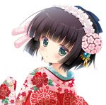  1girl bangs black_hair blush bob_cut bow commentary_request eyebrows_visible_through_hair floral_print flower from_behind green_eyes hair_bow hand_up ikoku_meiro_no_croisee japanese_clothes kimono long_sleeves looking_at_viewer looking_back parted_lips pink_bow pink_flower pink_kimono print_kimono shigunyan short_hair simple_background sleeves_past_fingers sleeves_past_wrists solo twitter_username upper_body white_background yune_(ikoku_meiro_no_croisee) 