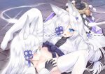  2girls animal_ear_fluff animal_ears arms_behind_head arms_up azur_lane bangs bar_censor bell black_bow black_gloves blue_eyes blush bow censored closed_mouth dual_persona elbow_gloves eyebrows_visible_through_hair eyes_visible_through_hair fox_ears gloves hair_over_one_eye japanese_clothes jingle_bell kasumi_(azur_lane) kimono knees_up long_hair long_sleeves multiple_girls nanopai_kakumeikokonoyu navel no_panties open_mouth profile pussy restrained ribbon-trimmed_sleeves ribbon_trim rope shimenawa smile spread_legs thighhighs twitter_username very_long_hair white_hair white_kimono white_legwear wide_sleeves yuri 