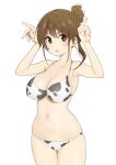  animal_print bikini blush breasts brown_eyes brown_hair cleavage collared_shirt commentary_request cow_print cowboy_shot eyebrows_visible_through_hair furuyama_itaru hair_bun halter_top halterneck large_breasts legs_together looking_at_viewer navel open_mouth original print_bikini shirt simple_background standing swimsuit white_background 