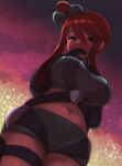  1girl bangs blue_eyes blue_shorts blush breasts commentary covering_mouth crop_top eyelashes from_below gloves gym_leader hair_ornament highres looking_at_viewer mokorei navel pokemon pokemon_(game) pokemon_bw red_hair short_shorts shorts sidelocks skyla_(pokemon) solo 