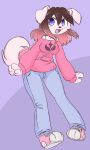  anthro backpack big_breasts bottomwear breasts brown_hair canid canine canis clothing colored_sketch denim denim_clothing domestic_dog fan_character fangs female floppy_ears footwear full-length_portrait fur gradient_hair hair hi_res jeans lily_(sinamuna) mammal multicolored_hair pants pigeon_toed pink_hair portrait purple_background purple_eyes redesign shoes short_tail shoulder_bag simple_background sinamuna sketch sneakers solo sweater topwear two_tone_hair white_body white_fur 