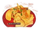  chips food food_focus food_request highres momiji_mao no_humans original plate sauce simple_background spring_onion still_life translation_request white_background 