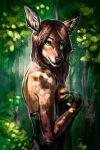  anthro biped breasts cervid clothed clothing colored digital_drawing_(artwork) digital_media_(artwork) digital_painting_(artwork) female forest forest_background glowing green_background green_clothing green_eyes hair hi_res light looking_at_viewer mammal nature nature_background painting_(artwork) plant portrait rizonik shaded shadow simple_background smile solo sparkles sun sunlight three-quarter_portrait topwear traditional_media_(artwork) tree 