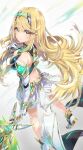  1girl absurdres ass back blonde_hair breasts chest_jewel earrings gloves hatsuga_(dmaigmai) highres huge_filesize jewelry large_breasts long_hair mythra_(xenoblade) skindentation smile solo sword very_long_hair weapon white_background xenoblade_chronicles_(series) xenoblade_chronicles_2 yellow_eyes 