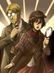  1boy 1girl beard black_hair blonde_hair covered_eyes deerstalker detective facial_hair formal glasses glint hat highres holding holding_magnifying_glass kokomi_(aniesuakkaman) long_sleeves magnifying_glass mikasa_ackerman necktie nervous open_mouth red_scarf scar scar_on_cheek scar_on_face scarf shingeki_no_kyojin short_hair suit trench_coat zeke_yeager 