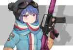  2girls :3 assault_rifle beanie blue_hair blush cup_ramen eyes_visible_through_hair gloves goggles gun hat highres holding holding_gun holding_weapon jacket kagamihara_nadeshiko looking_at_viewer m4_carbine magazine_(weapon) multiple_girls patch photo_(object) purple_eyes reiji-rj rifle scarf shadow shima_rin simple_background smile smug star_(symbol) sticker trigger_discipline weapon yurucamp 