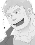  1boy ^_^ bara blush closed_eyes face facial_hair greyscale gunzo_(tokyo_houkago_summoners) highres male_focus monochrome muscular muscular_male partially_unbuttoned pectorals portrait scar scar_on_cheek scar_on_chest scar_on_face short_hair sideburns smile solo stubble thick_eyebrows tokyo_houkago_summoners upper_body yon_yon_(shikawafu) 