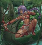  1girl abs absurdres aiming archery arm_guards armlet armor arrow_(projectile) barefoot bikini_armor blue_eyes bow_(weapon) braid breasts circlet dark_skin drawing_bow fingerless_gloves forest gloves highres in_tree long_hair muscular muscular_female nature original purple_hair quiver ranma_(kamenrideroz) scarf shin_guards single_braid sitting sitting_in_tree skirt tan toeless_legwear toes tree tribal weapon 