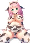  1girl absurdres animal_ears animal_print arm_support bang_dream! bangs bell bell_choker blush breasts choker cleavage collarbone cow_ears cow_girl cow_horns cow_print cowbell eyepatch_bikini fake_animal_ears fake_horns green_eyes hair_tie hairband highres horns large_breasts looking_at_viewer low_twintails medium_hair nasudora navel open_mouth pelvic_curtain pink_hair simple_background sitting solo thighhighs twintails uehara_himari white_background 