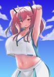  1girl absurdres arms_behind_head azur_lane blue_sky breasts bremerton_(azur_lane) bremerton_(scorching-hot_training)_(azur_lane) cleavage cloud crop_top crop_top_overhang eyebrows_visible_through_hair green_shirt green_skirt grey_hair hair_ornament heart heart_necklace highres large_breasts midriff miniskirt mole mole_on_breast multicolored_hair navel norato pink_eyes pink_hair shirt skirt sky sleeveless sleeveless_shirt solo sportswear streaked_hair tennis_uniform twintails two-tone_hair two-tone_shirt two-tone_skirt white_shirt white_skirt x_hair_ornament 
