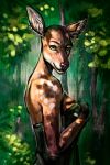  2:3 absurd_res anthro breasts cervid clothed clothing colored digital_drawing_(artwork) digital_media_(artwork) digital_painting_(artwork) female forest forest_background glowing green_background green_clothing green_eyes hi_res light looking_at_viewer mammal nature nature_background painting_(artwork) plant portrait rizonik shaded shadow simple_background smile solo sparkles sun sunlight traditional_media_(artwork) tree 