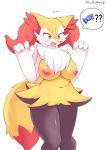  2021 4_fingers ? anthro areola big_breasts black_body black_fur blush braixen breasts candy canid canine cheek_tuft chest_tuft claws dessert dipstick_tail emanata facial_tuft female fingers fluffy fluffy_tail food fur genitals glistening glistening_body hi_res inner_ear_fluff kemono mahorang mammal multicolored_body multicolored_fur multicolored_tail nintendo nipples nude open_mouth pok&eacute;mon pok&eacute;mon_(species) portrait pussy red_body red_eyes red_fur red_nose signature simple_background solo speech_bubble standing three-quarter_portrait tuft video_games white_background white_body white_fur yellow_body yellow_fur 