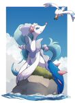  absurdres blue_eyes border cloud commentary_request day from_below gen_3_pokemon gen_7_pokemon highres kisa_(kisa-kisa5900) looking_up moss no_humans open_mouth outdoors outside_border pokemon pokemon_(creature) primarina signature sky water white_border wingull 