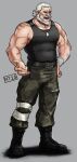  1boy alternate_costume bara bare_arms bare_shoulders beard beckoning black_tank_top blind camouflage camouflage_pants dog_tags facial_hair full_body hair_slicked_back highres male_focus muscular muscular_male nyaarr old old_man overwatch pants pectorals reinhardt_(overwatch) scar scar_across_eye scar_on_arm short_hair smile solo tank_top white_hair 