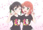  2girls ;p black_hair blush breasts cherry_blossoms commentary english_text facing_viewer flower gradient_hair green_eyes green_hair hair_ornament hairclip hand_on_another&#039;s_shoulder jaycee love_live! love_live!_nijigasaki_high_school_idol_club medium_breasts medium_hair multicolored_hair multiple_girls one_eye_closed open_mouth orange_hair shirt short_hair side_bun simple_background skirt smile tongue tongue_out twintails uehara_ayumu upper_teeth v white_background yellow_eyes yuri 