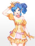  1girl :d aikatsu! aikatsu!_(series) arm_over_head arm_up armpit_peek bare_legs bare_shoulders blue_eyes blue_hair bobbles circle commentary cowboy_shot dress earrings gloves gradient gradient_background hairband highres idol jewelry kiriya_aoi long_hair necklace off-shoulder_dress off_shoulder open_mouth pinmisil pouch romaji_commentary side_ponytail skirt smile solo square star_(symbol) star_print triangle_print white_hairband yellow_dress yellow_gloves yellow_skirt 