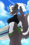  2019 5_fingers abs alicefrainer anthro athletic athletic_anthro athletic_female beach bikini bikini_bottom black_body black_clothing black_fur black_topwear blue_sky bracelet breasts bronx23 clothed clothing cloud day digital_media_(artwork) female fingers fur green_bikini_bottom green_clothing hair hi_res holding_surfboard humanoid_hands jewelry looking_at_viewer mammal mephitid midriff multicolored_body multicolored_fur pink_nose seaside skunk sky smile solo sonya_mayers surfboard swimwear teeth topwear two_tone_body two_tone_fur v-cut vehicle watercraft white_body white_fur white_hair yellow_eyes 