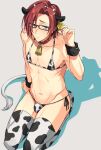  1boy animal_ears animal_print argonavis_from_bang_dream! bang_dream! bell bra bulge collar cow_ears cow_horns cow_print fake_animal_ears fake_tail glasses highres horns male_focus otoko_no_ko panties red_hair saigi satozuka_kenta solo tail thighhighs underwear 