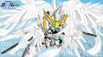  aqua_eyes character_name chibi chinese_commentary dual_wielding feathers flying glowing glowing_eyes gun gundam gundam_wing gundam_wing_frozen_teardrop highres holding holding_gun holding_weapon logo looking_down mecha multiple_wings no_humans science_fiction solo v-fin weapon wing_gundam_snow_white_prelude wings xing_chen_yunluo_max 