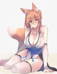  1girl animal_ear_fluff animal_ears bangs bare_shoulders blue_sash blush breasts cleavage collarbone commentary_request ear_piercing earrings elbow_gloves eyebrows_visible_through_hair fox_ears fox_girl fox_tail gloves green_eyes hair_between_eyes japanese_clothes jewelry large_breasts leaning_to_the_side long_hair looking_at_viewer necklace orange_hair original piercing sash sawaya_(mizukazu) simple_background sitting solo tail thighhighs white_background white_gloves white_legwear 
