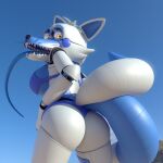  1:1 3d_(artwork) absurd_res animatronic anthro bluffy bra breasts butt canid canine clothing digital_media_(artwork) female fox hi_res kristall_krit long_tongue looking_at_viewer looking_back looking_back_at_viewer machine mammal multi_tail presenting presenting_hindquarters robot sharp_teeth solo solo_focus teeth tentacle_tongue tentacles tongue twin_tail underwear 
