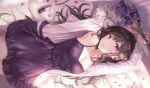  bed brown_hair dress flowers long_hair open_shirt original purple_eyes tokkyu_(user_mwwe3558) 