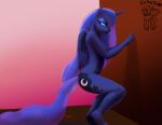  anthro barefoot crouching cutie_mark equid female friendship_is_magic hasbro horn looking_back mammal moon my_little_pony nude princess_luna_(mlp) solo strategically_covered wall_(structure) warskunk_(artist) winged_unicorn wings 